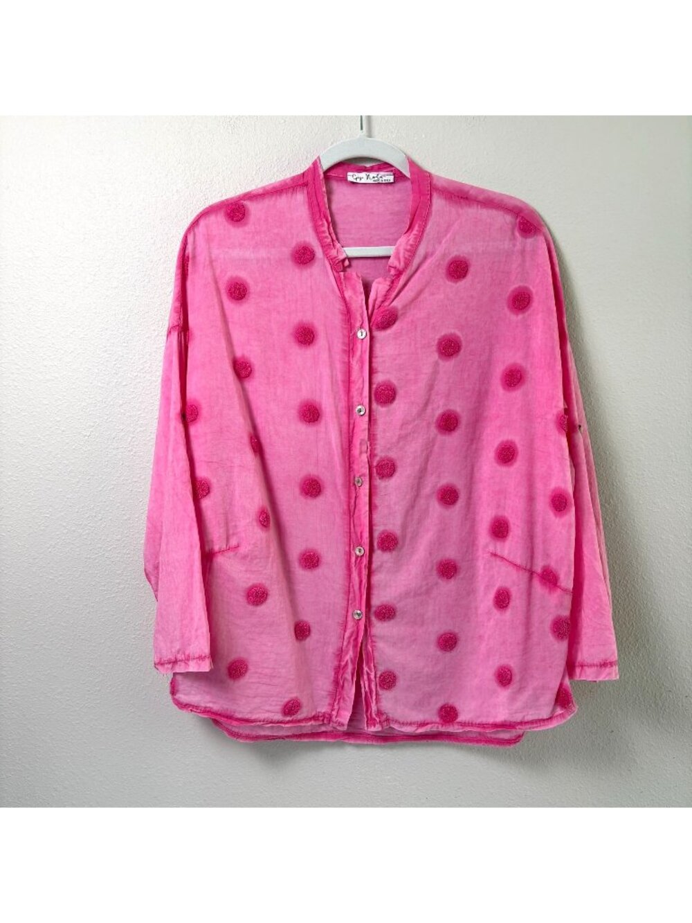 Gigi Moda Padua Shirt One Size Pink Embroidered Dot Cotton Italy Roll Tab Sleeve